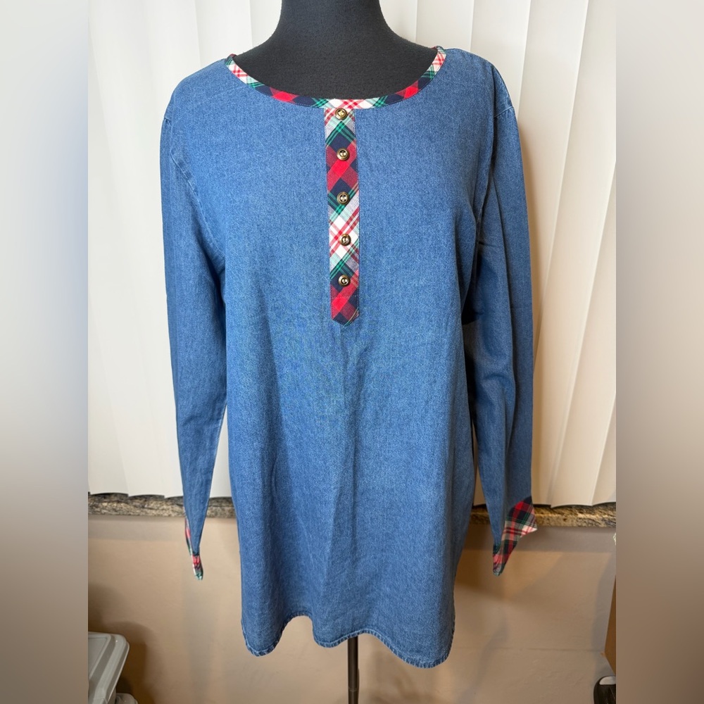 Country Store Women’s 100% Cotton Long Sleeve Top Denim Blue Plaid Trim Size XL